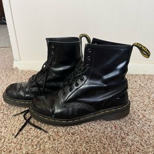 WOMEN’S DR MARTENS PATENT LEATHER 1460 BOOTS, LOVINGLY WORN, BROKEN IN